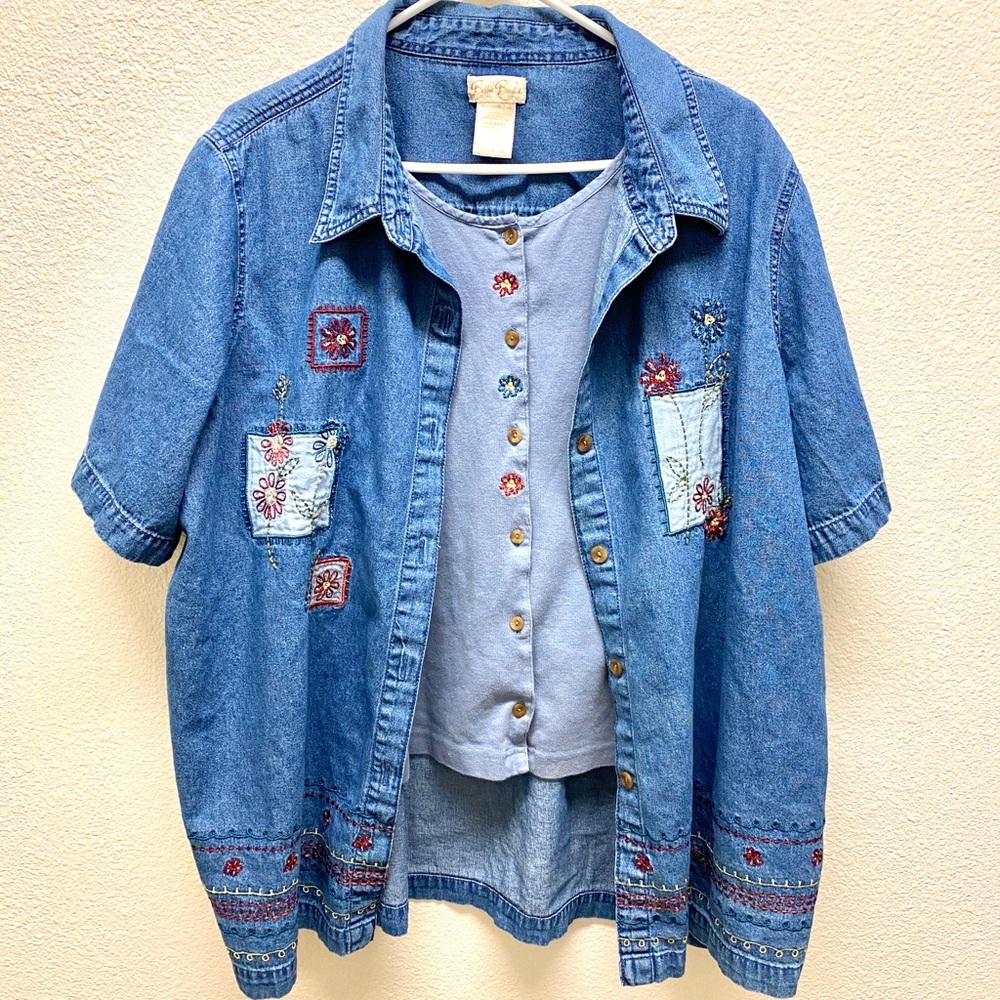 Bobbie Brooks Chambray Top with Embroidered Flower